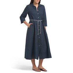 FRANCESCA BETTI Navy Made In Italy Linen Blend Three-quarter Sleeve Shirt Dress